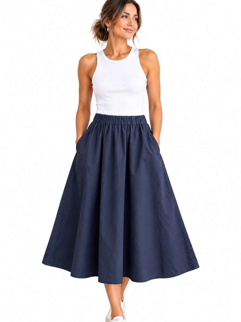 Everlane Navy Midi Skirt Size S A Line Elastic Waist Pockets